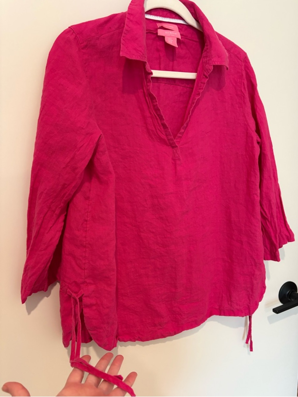 Isaac Mizrahi 100% Linen Fuchsia Pink V-Neck Collared Shirt Summer M - Picture 3 of 11